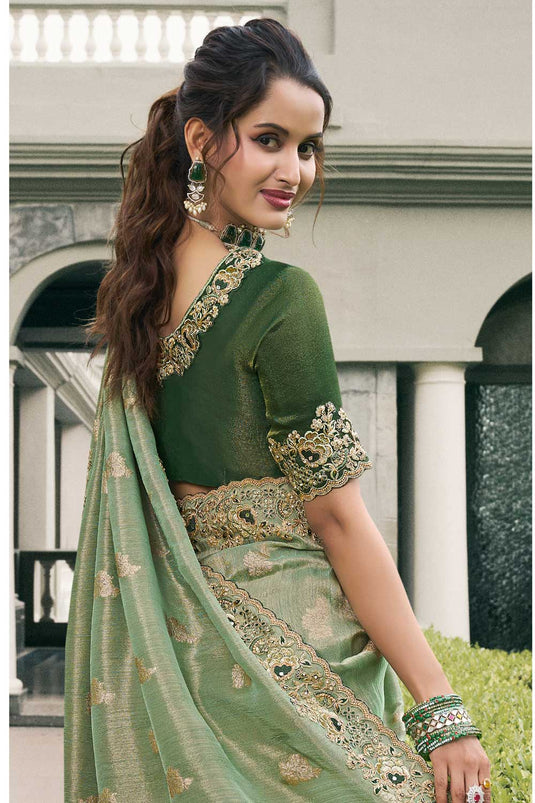 Tissue Silk Wedding Wear Luxurious Saree In Sea Green Color