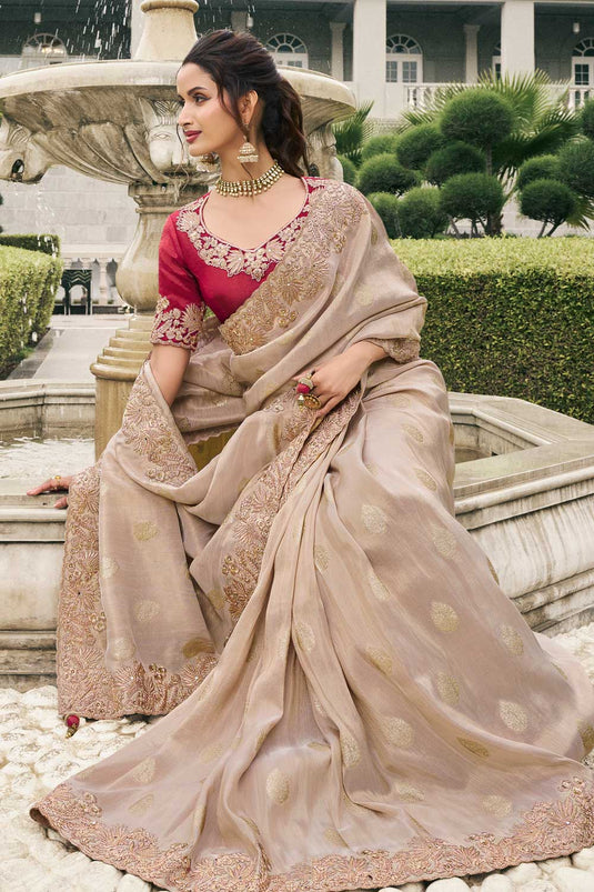 Wedding Wear Tissue Silk Beige Color Magnificent Saree