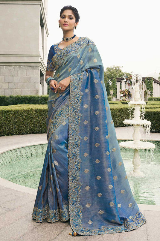 Blue Color Tissue Silk Wedding Wear Luminous Saree