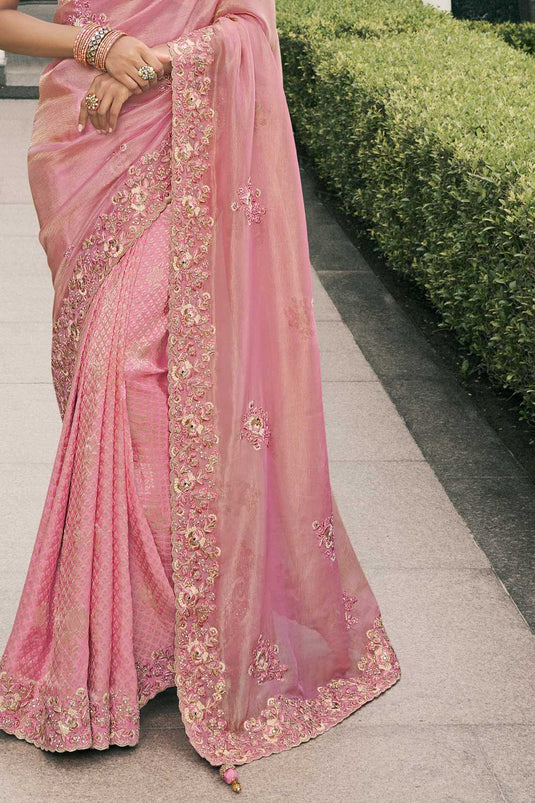 Tissue Silk Wedding Wear Attractive Saree In Pink Color