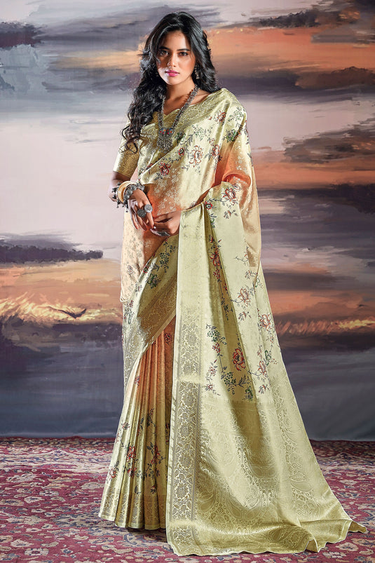 Satin Silk Festive Wear Ruby Light Yellow Color Flower Print Saree