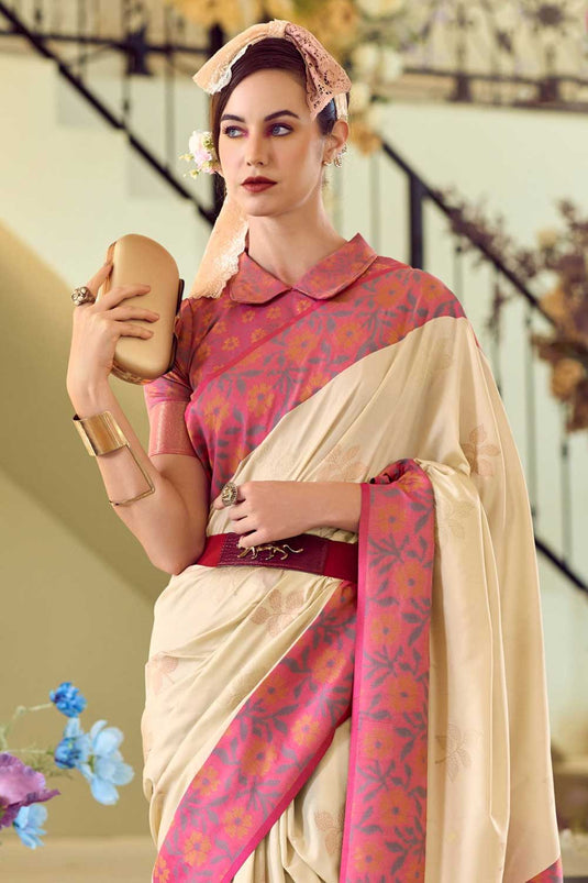 Delicate Beige Color Banarsi Style Silk Saree