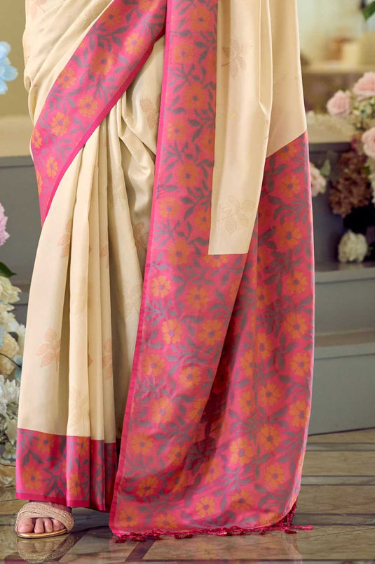 Delicate Beige Color Banarsi Style Silk Saree