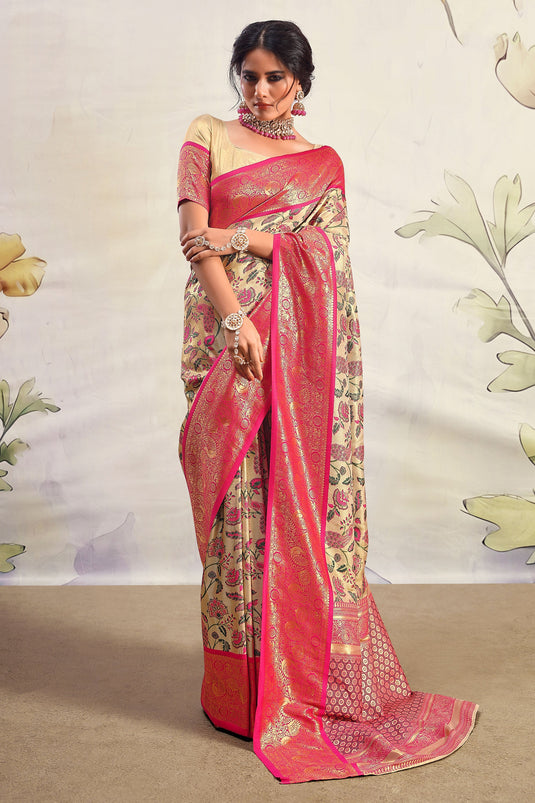 Majestic Beige Printed Sangeet Wear Saree