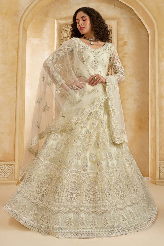 Lustrous Off White Heavy Embroidery Net Designer Lehenga Choli