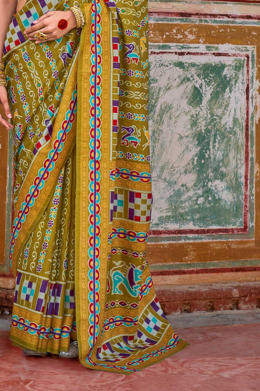 Imposing Art Silk Printed Saree In Mustard Color