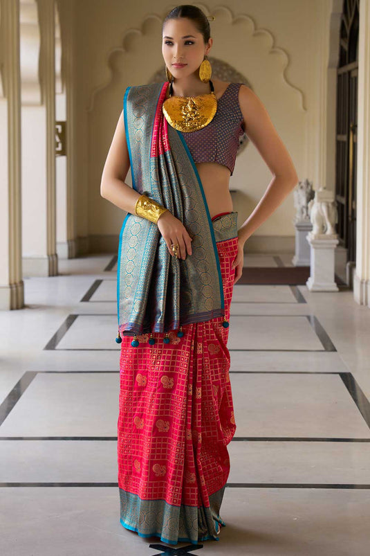 Engaging Rani Color Banarasi Silk Saree With Weaving Work