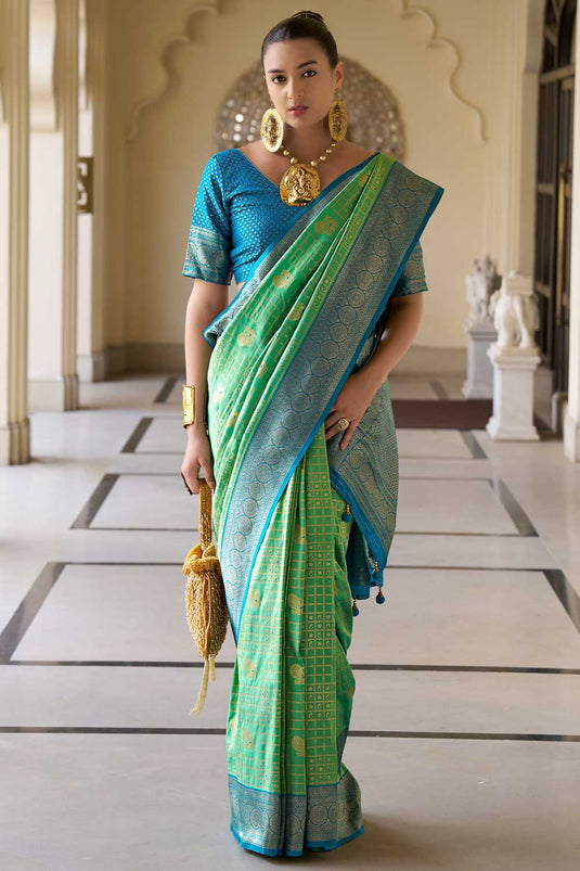 Classic Weaving Work On Sea Green Color Banarasi Silk Saree