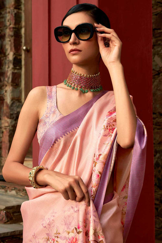 Pink Color Sober Floral Printed Saree In Art Silk Fabric