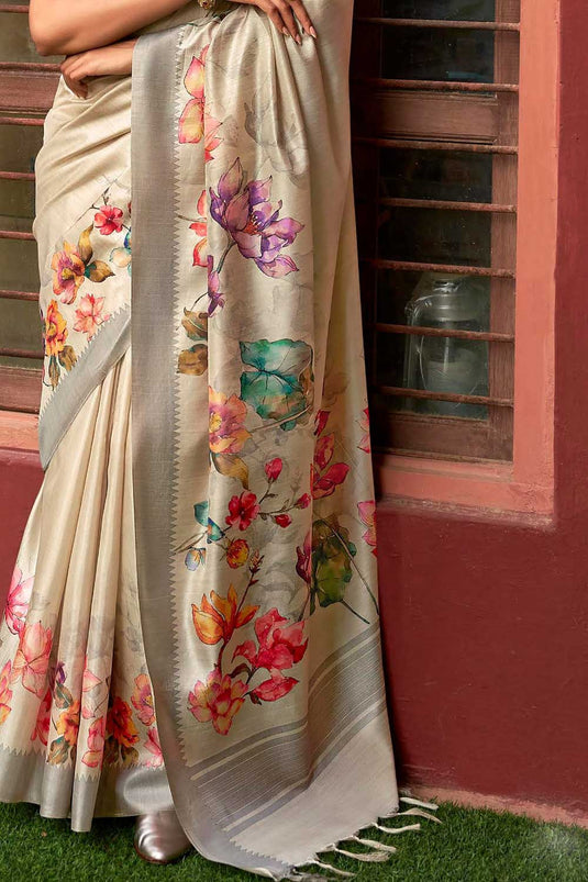 Creative Art Silk Fabric Floral Printed Beige Color Saree