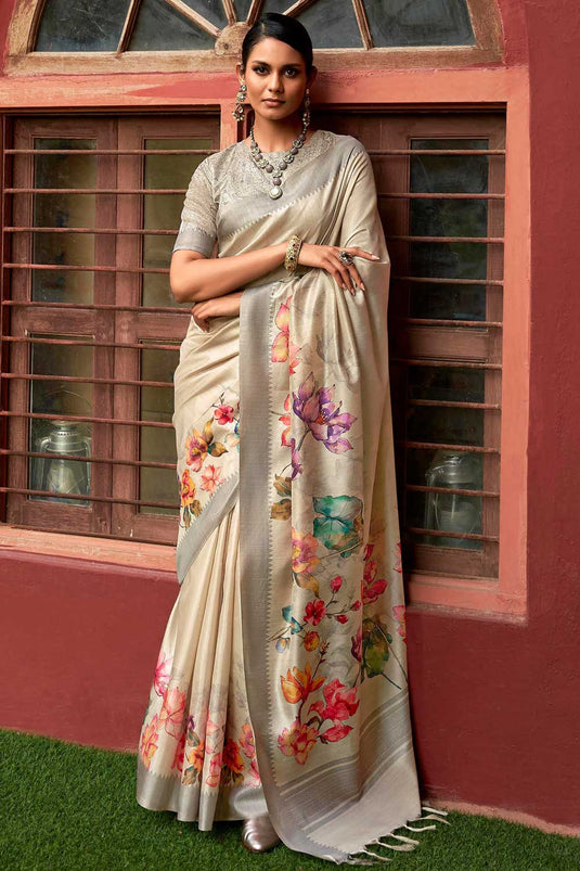 Creative Art Silk Fabric Floral Printed Beige Color Saree