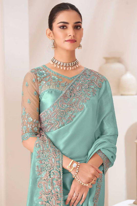 Tempting Chiffon Fabric Sea Green Color Saree With Border Work