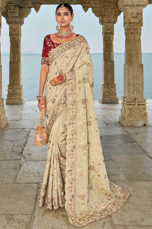 Cream Color Heavy Embroidered Work Banarasi Fabric Incredible Saree