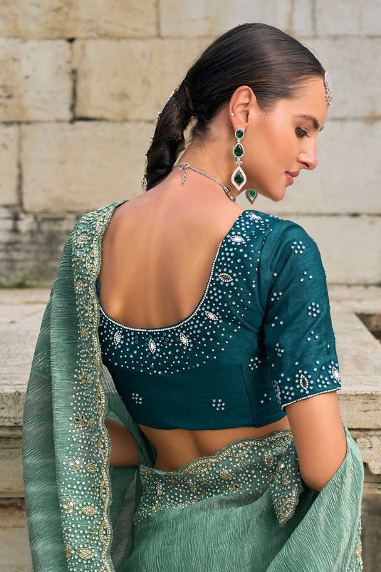 Tissue Fabric Heavy Embroidered Work Sea Green Color Phenomenal Saree