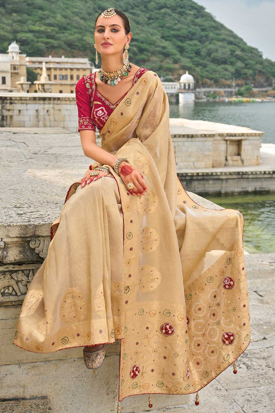 Kanjivaram Fabric Heavy Embroidered Work Luxurious Saree In Beige Color