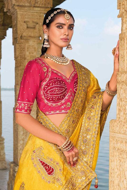 Heavy Embroidered Work Crepe Fabric Mustard Color Magnificent Saree