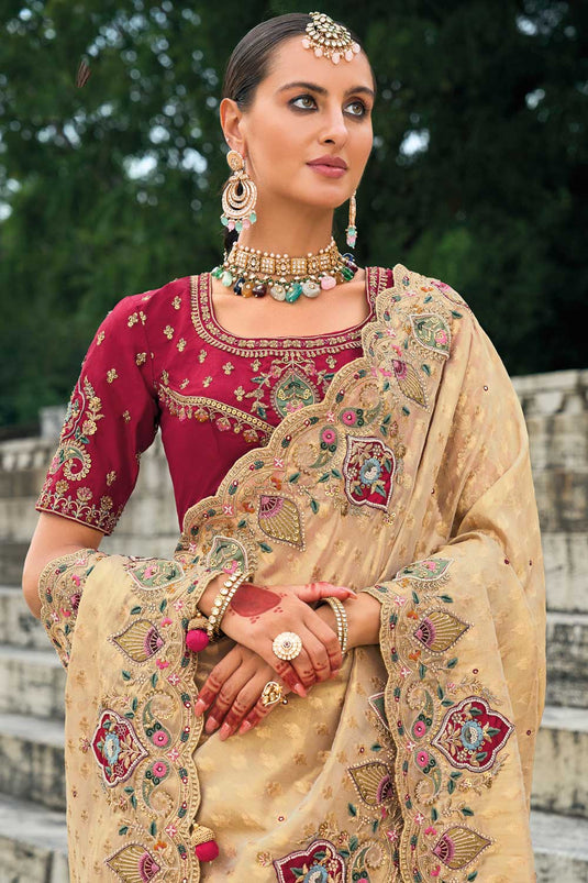 Kanjivaram Fabric Heavy Embroidered Work Wondrous Saree In Beige Color