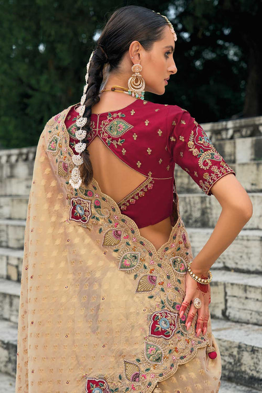 Kanjivaram Fabric Heavy Embroidered Work Wondrous Saree In Beige Color