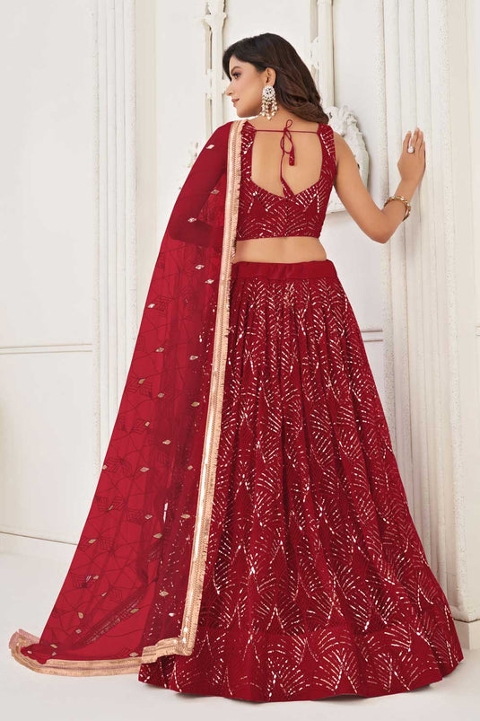 Net Fabric Captivating Red Color Lehenga