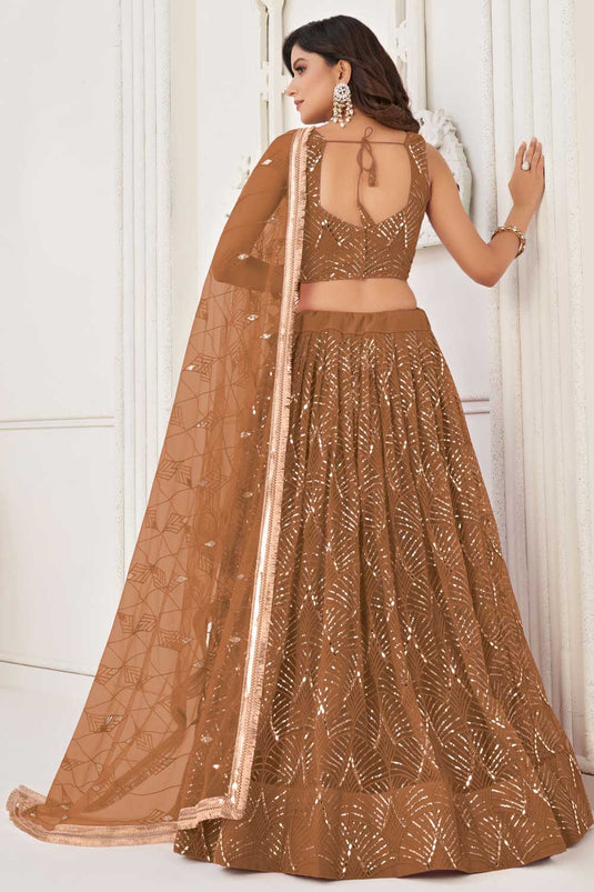 Brown Color Net Fabric Glamorous Look Lehenga