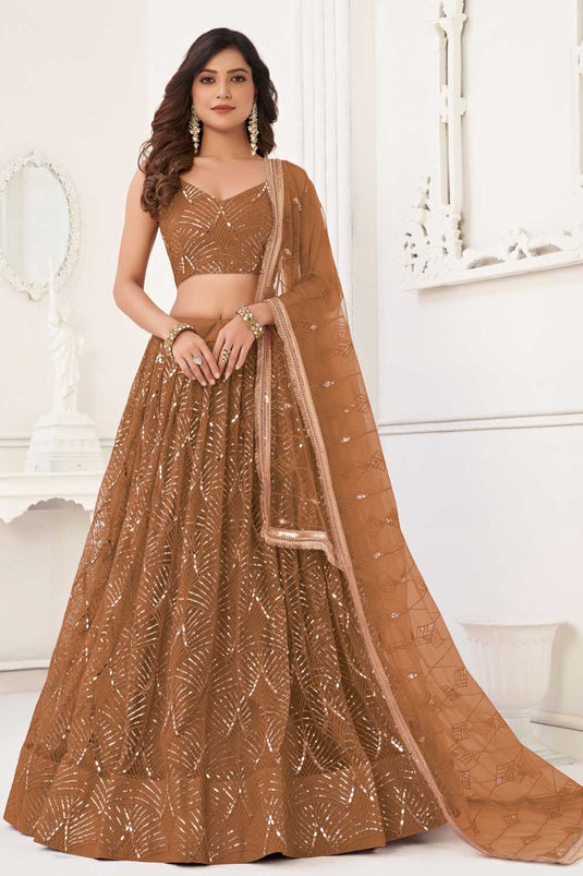 Brown Color Net Fabric Glamorous Look Lehenga