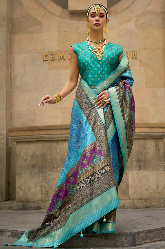 Excellent Viscose Fabric Sky Blue Color Printed Saree