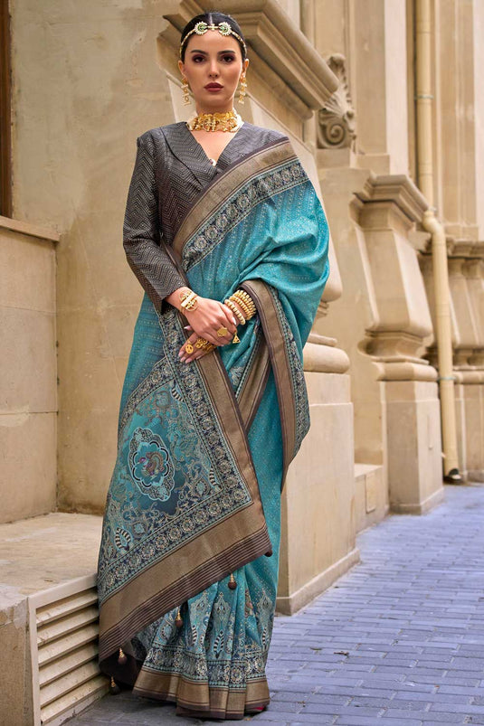 Engaging Cyan Color Viscose Fabric Printed Saree