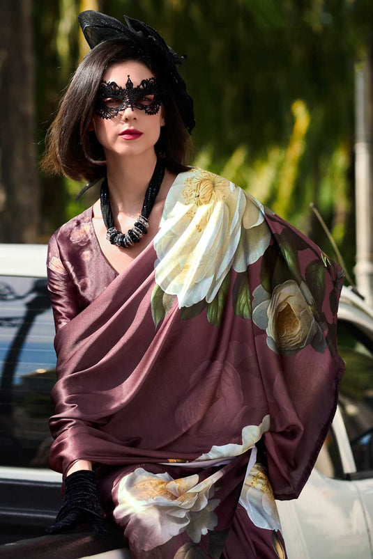 Brown Color Satin Fabric Engaging Casual Wear Printed Saree