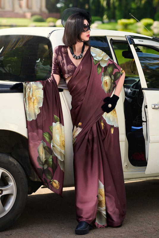 Brown Color Satin Fabric Engaging Casual Wear Printed Saree