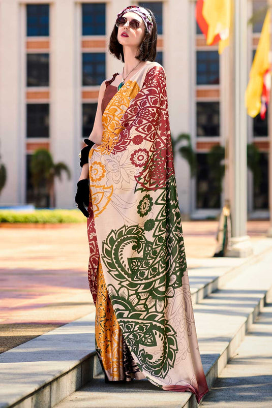 Multi Color Sober Casual Wear Printed Saree In Satin Fabric