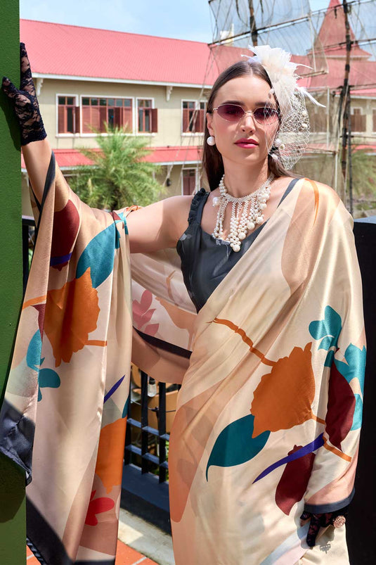 Cream Color Printed Satin Fabric Stunning Casual Wear Saree