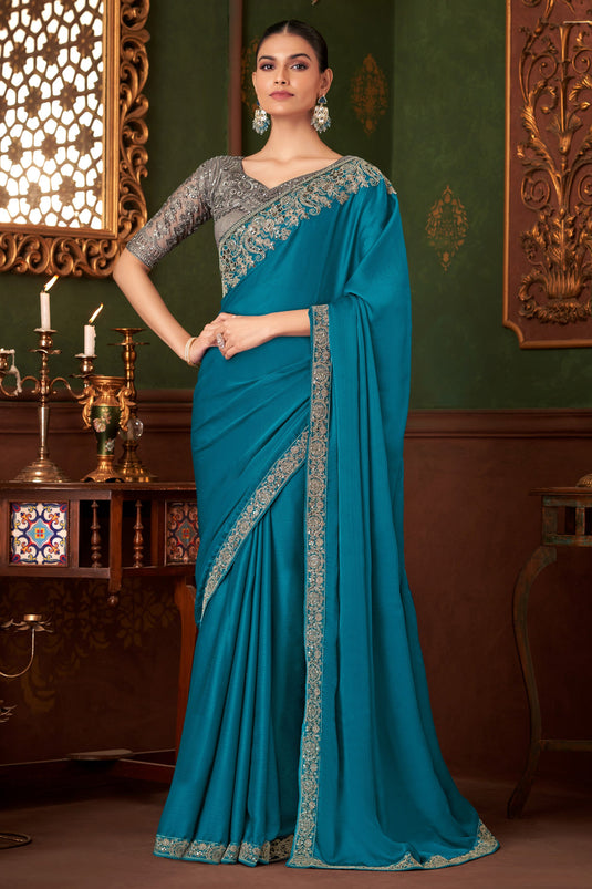 Dazzling Sky Blue Silk Chiffon Function Saree