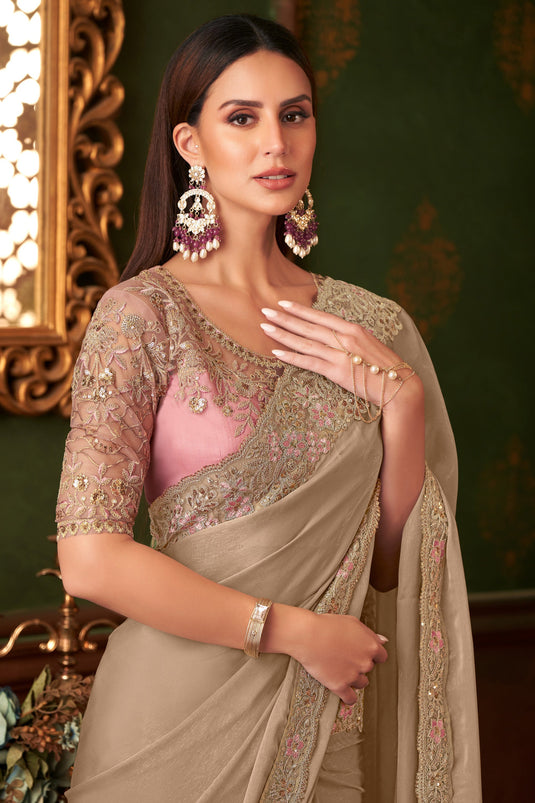 Timeless Beige Color Silk Georgette Fabric Function Saree