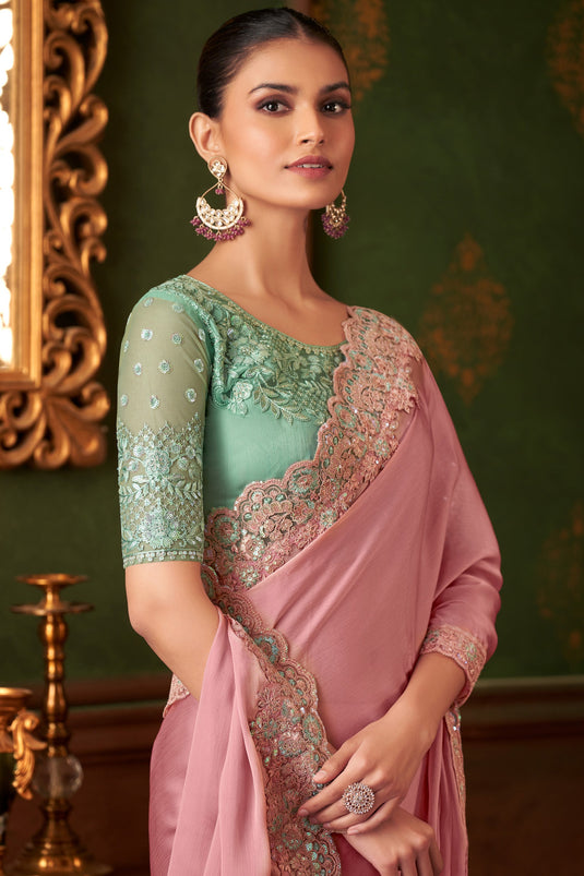 Pink Radiance Lace Border Work Silk Chiffon Saree