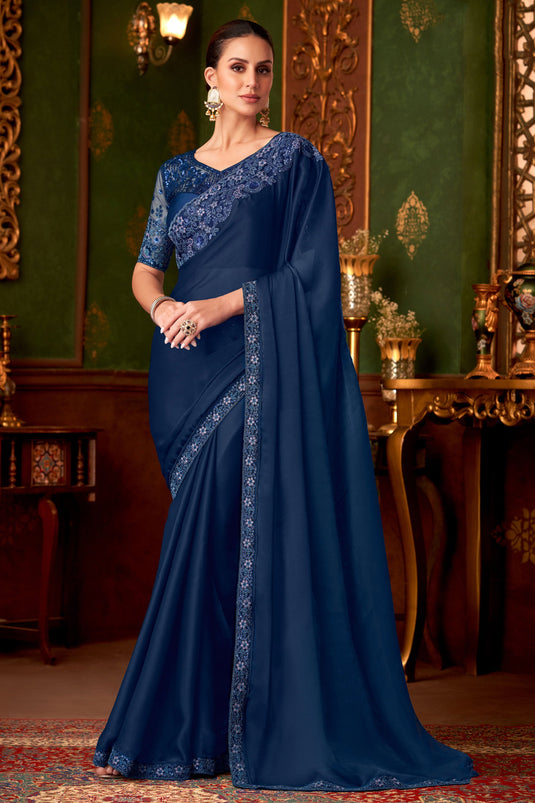 Opulent Blue Charm Satin Saree