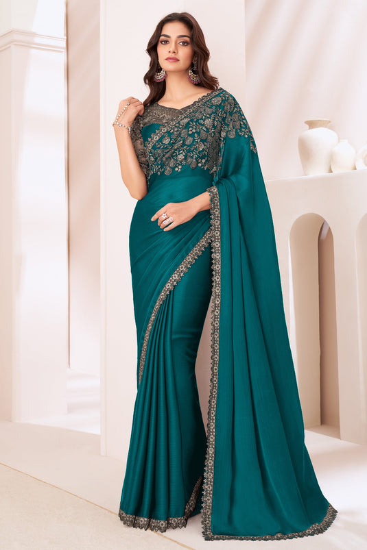 Classic Dark Cyan Chiffon Satin Wedding Function Saree