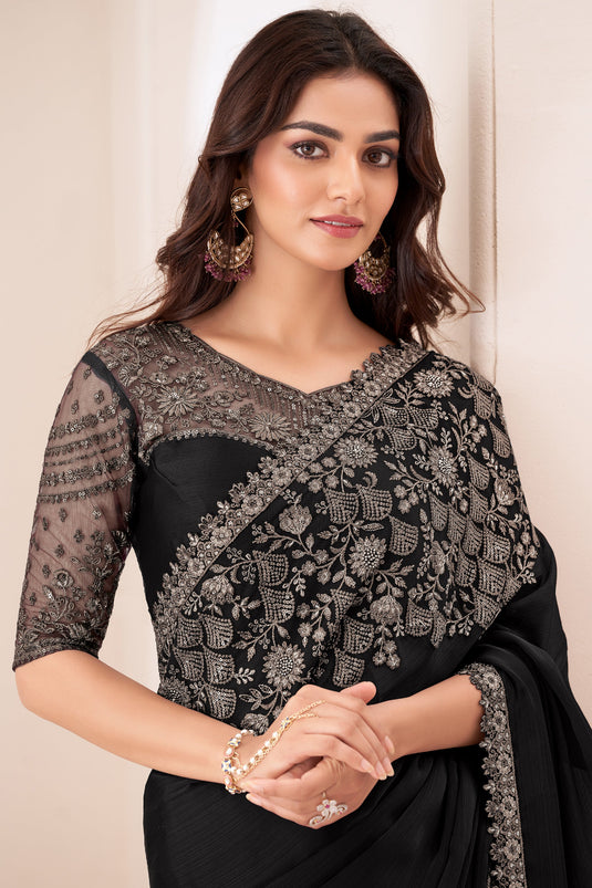 Luxe Black Color Embroidered Saree