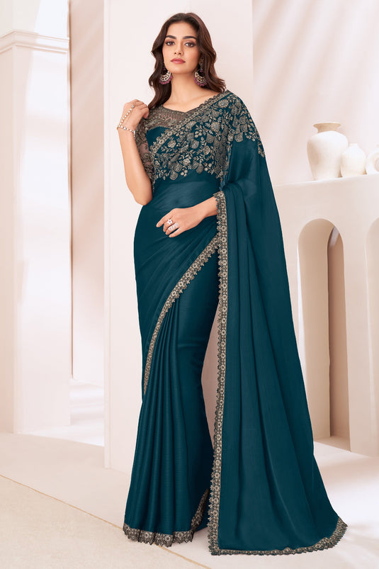 Teal Radiance Embroidered Work Chiffon Satin Saree