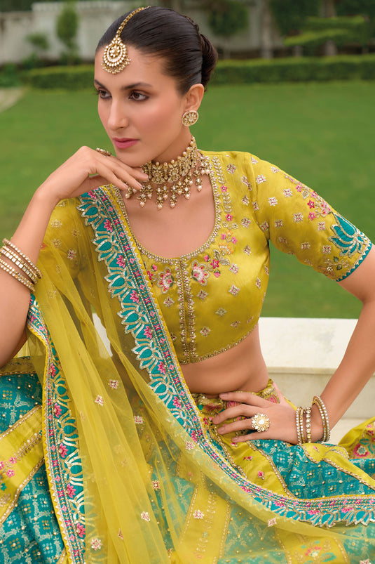 Sapphire Yellow Pure Silk Heavy Embroidered Bridal Lehenga Choli