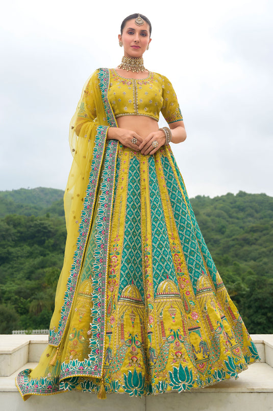 Sapphire Yellow Pure Silk Heavy Embroidered Bridal Lehenga Choli