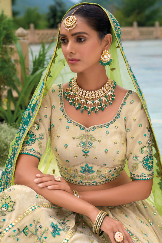 Beige Pure Silk Bridal Lehenga Choli