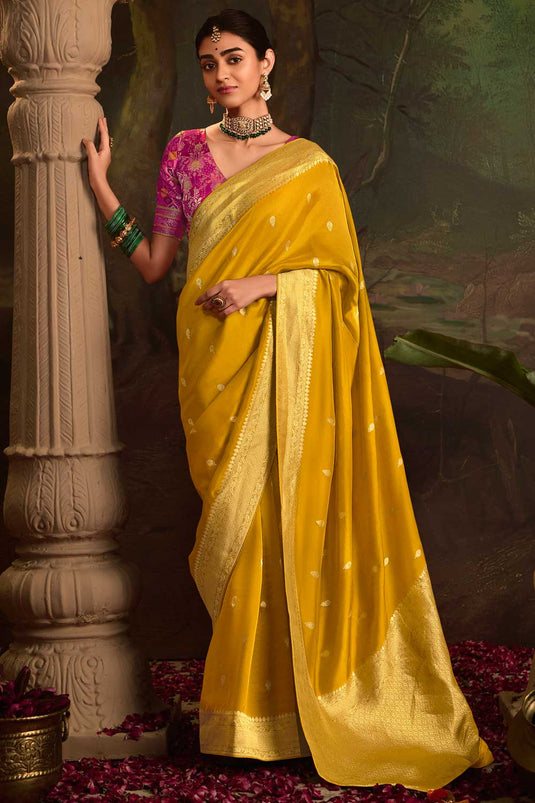 Weaving Work On Crepe Silk Fabric Bewitching Saree In Yellow Color