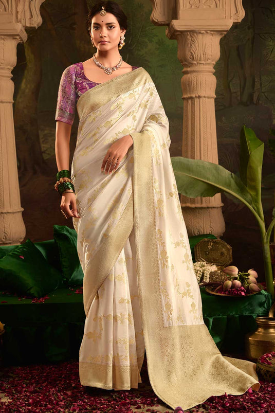 Crepe Silk Fabric Cream Color Excellent Saree With Weaving Work