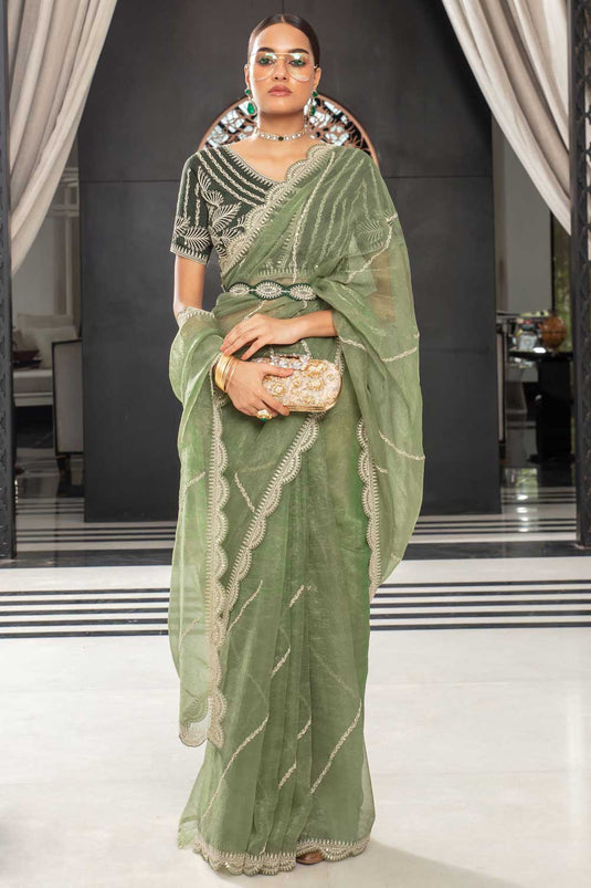 Green Color Lace Work Organza Saree For Function