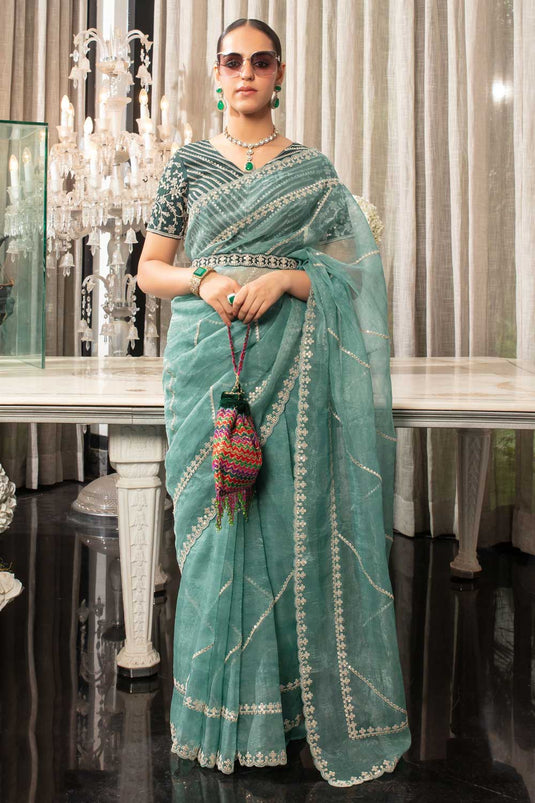 Elegant Lace Work Light Cyan Color Function Wear Organza Saree