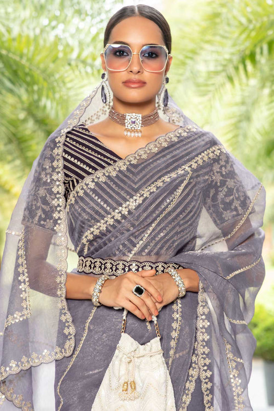 Function look Organza Lace Work Saree in Grey Color