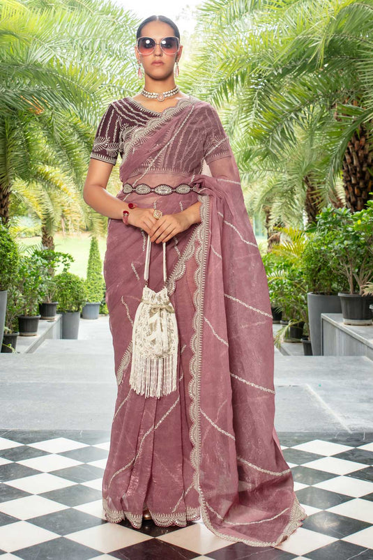 Pink Color Organza Saree with Lace Work