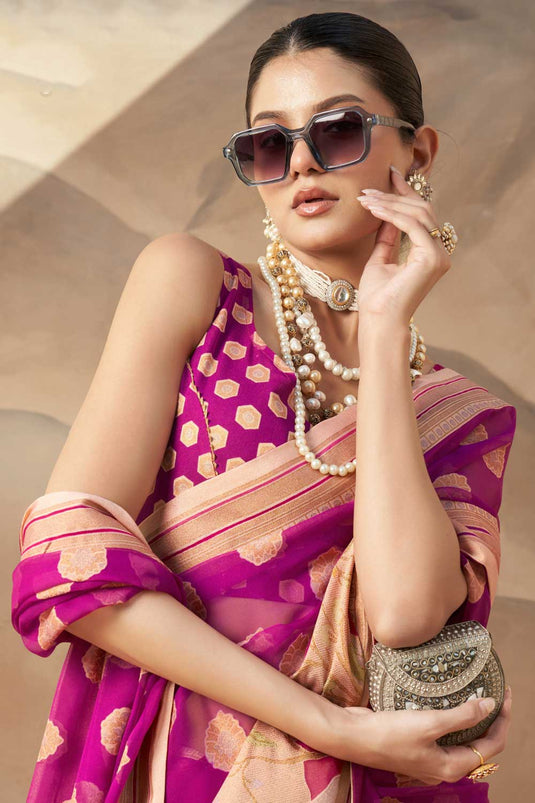 Dazzling Printed Work On Magenta Color Saree In Georgette Fabric