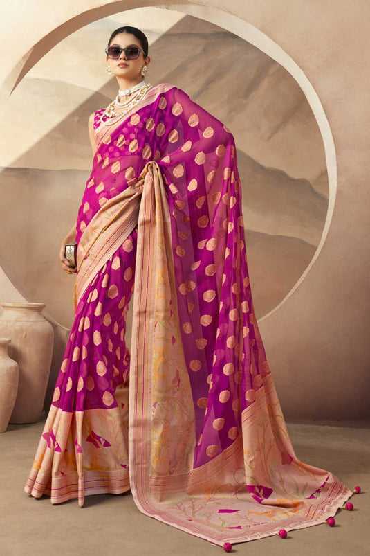 Dazzling Printed Work On Magenta Color Saree In Georgette Fabric