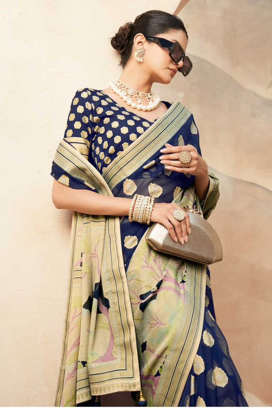 Charming Navy Blue Color Georgette Fabric Saree With Printed Work